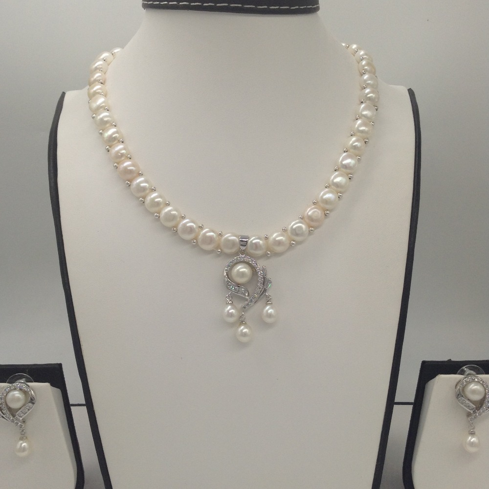 White cz and pearls pendent set with 1 line button mala jps0411