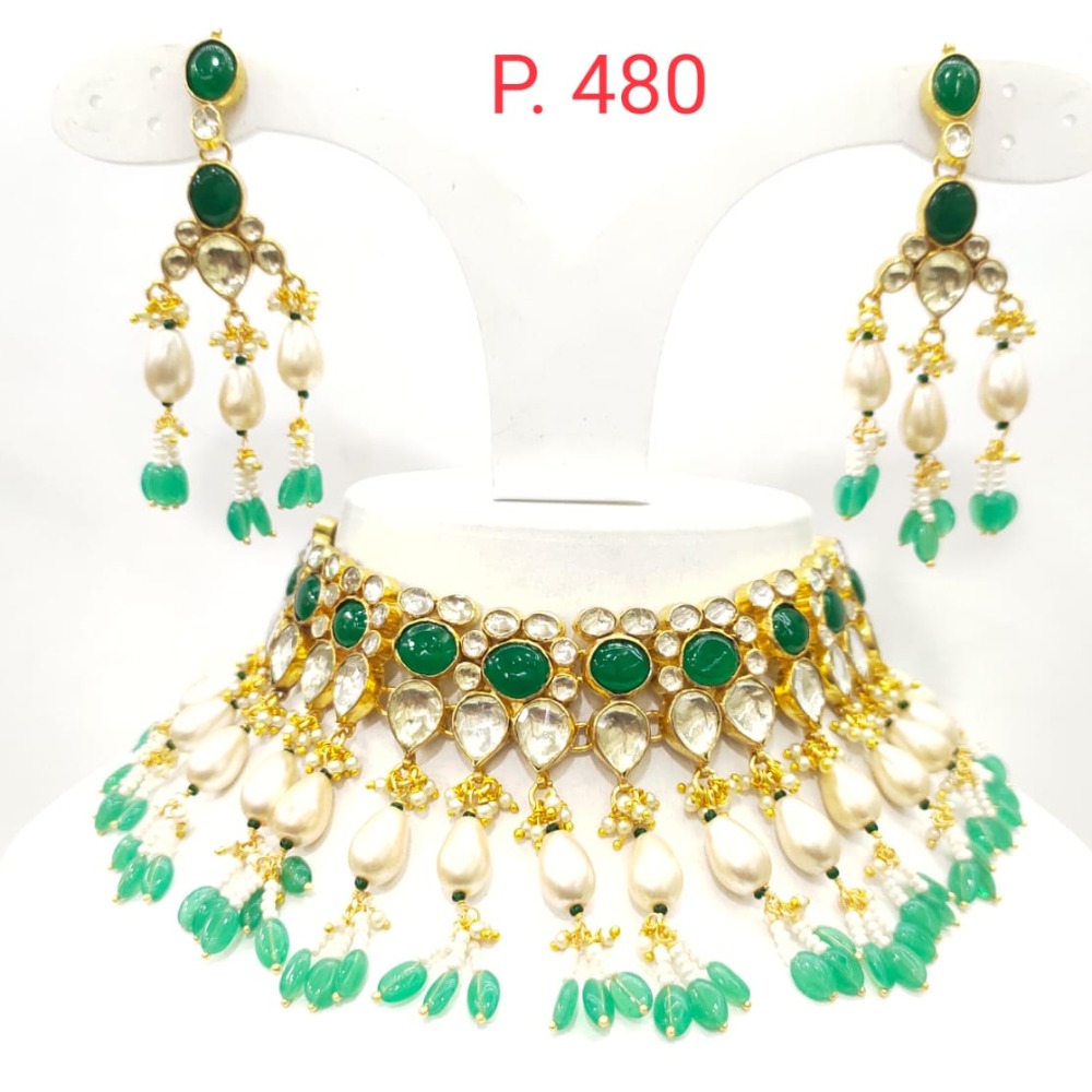 Choker kundan work emerald and white moti necklace set 1614