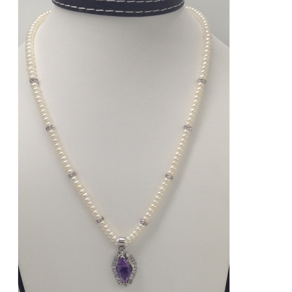 White;purple CZ pendent set with flat pearls mala jps0114