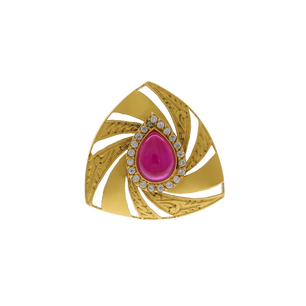 Triangular Shape Pink Stone Studded Gold Ring