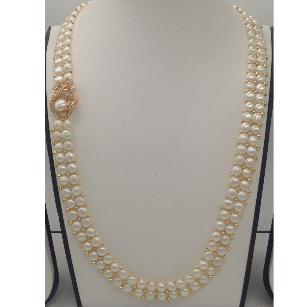 White CZ And Pearls Broach Set With 2 Line Button Jali Pearls Mala JPS0234