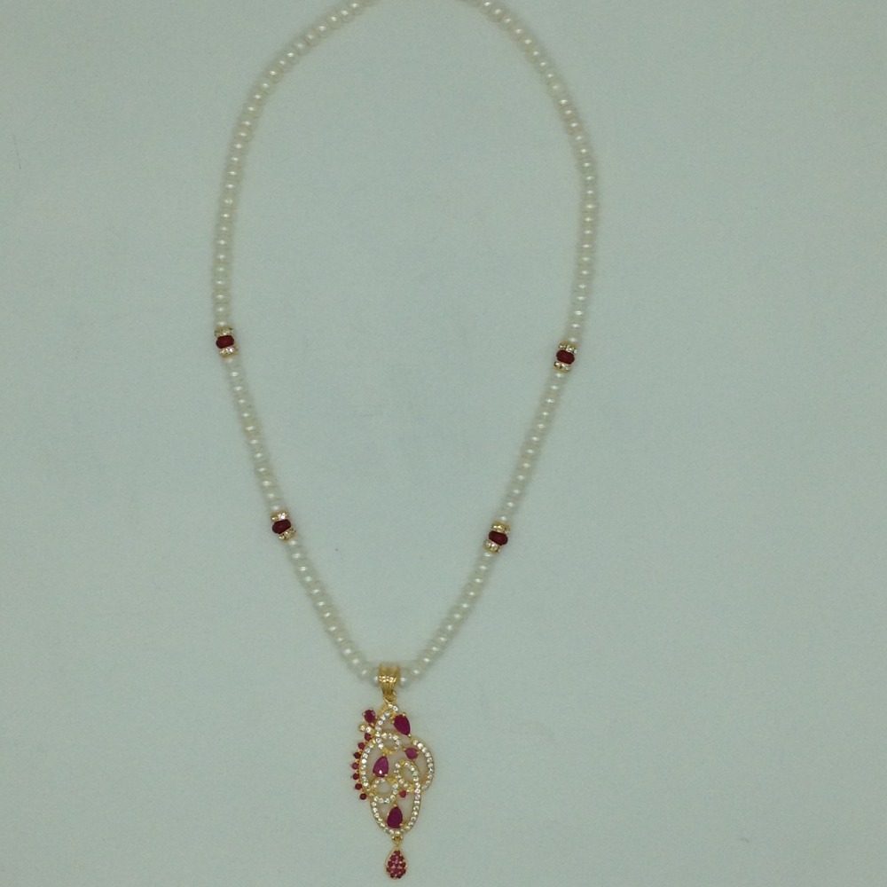 White,Red Cz Pendent Set With 1 Line White Pearls Mala JPS0828