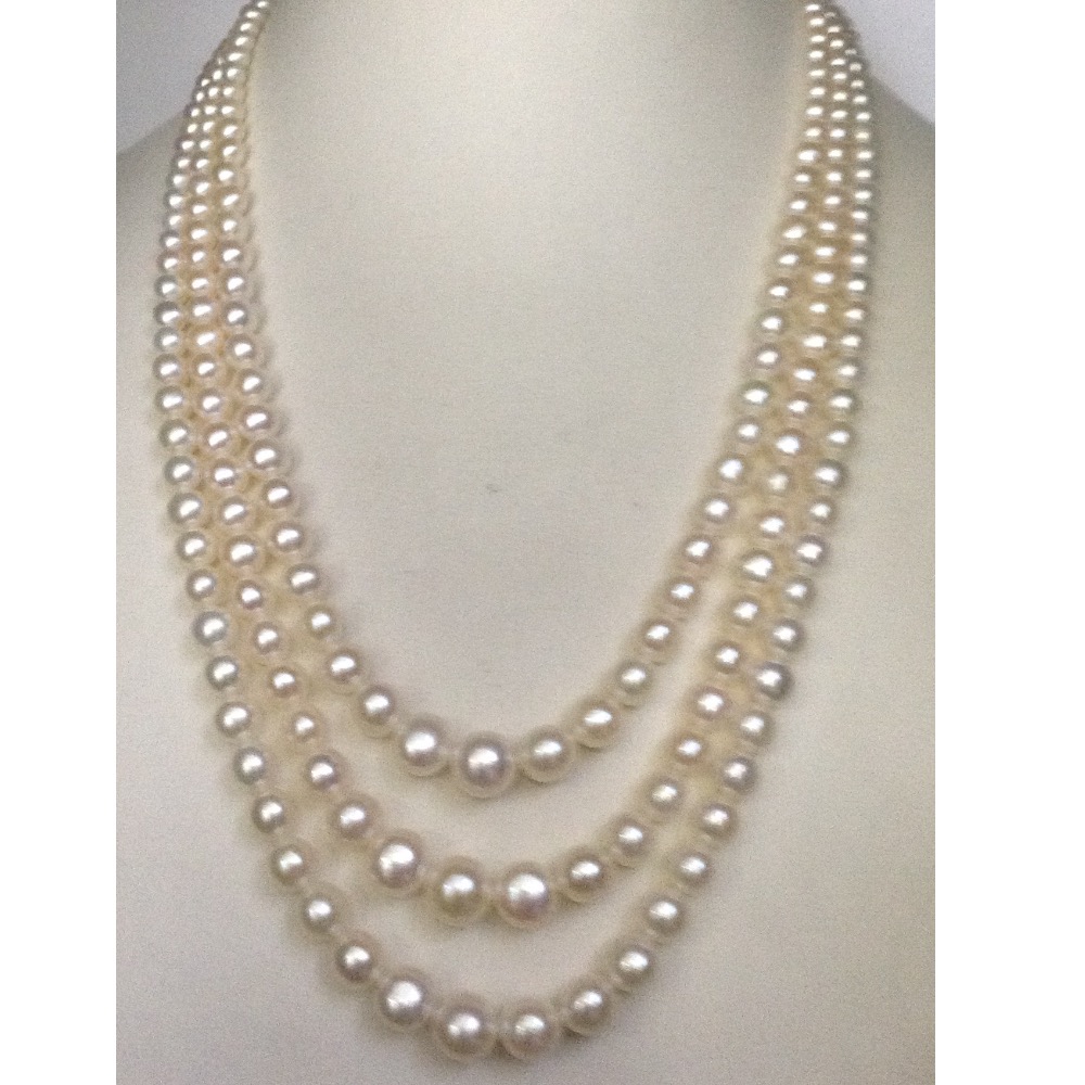 White Round Graded Pearls Necklace 3 Layers JPM0047