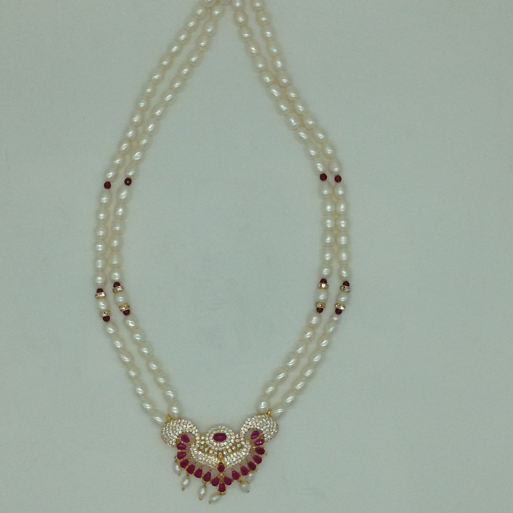 White Red Cz Pendent Set With 2 Line White Pearls Mala JPS0858