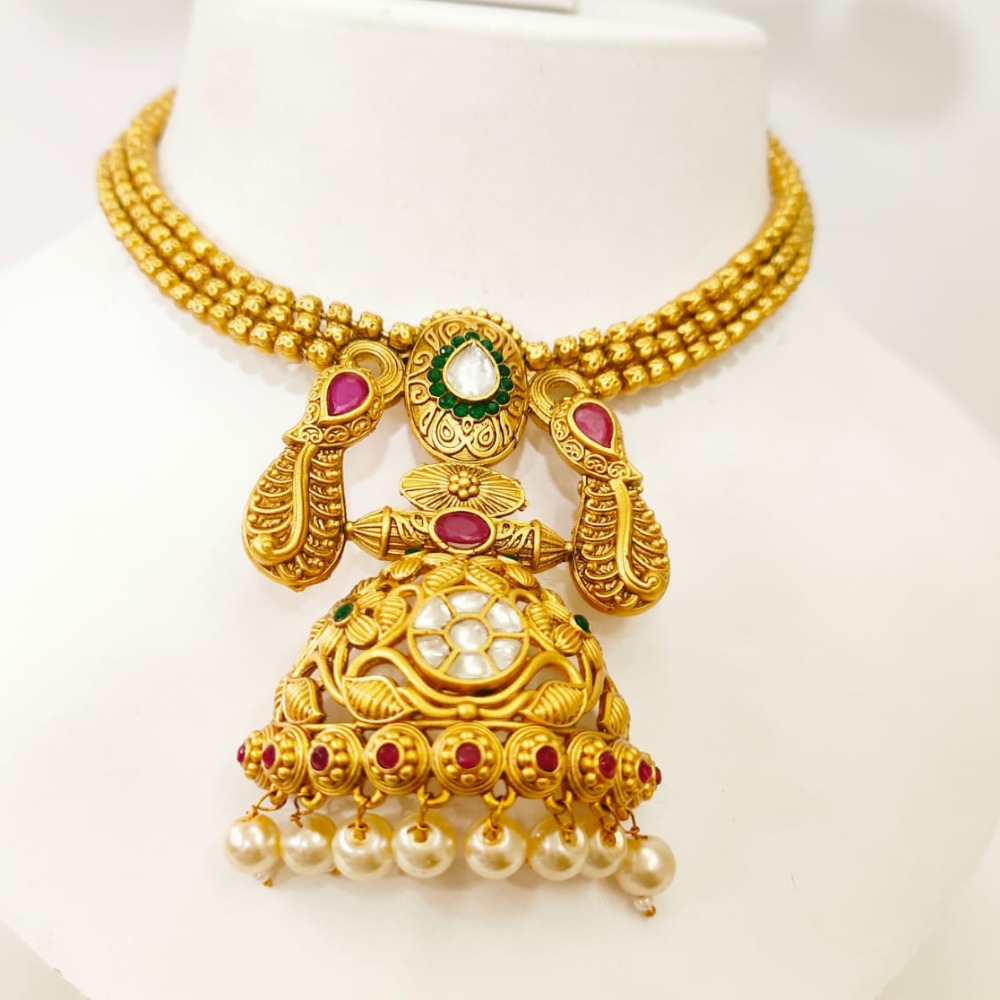 Antique Gold Polish Beads &  Jhumka style pendant Choker style Necklace set 1356