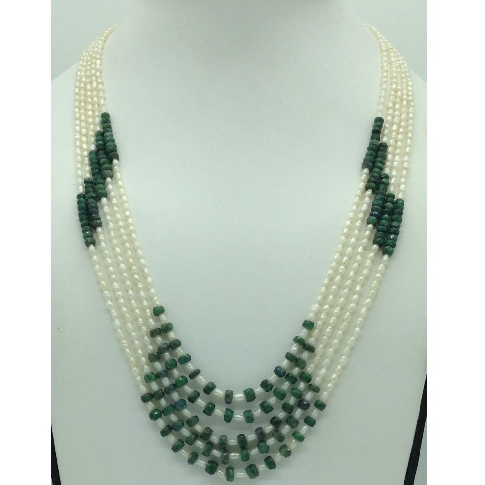 White rice pearls with green bariels 5 layers necklace jpm0422