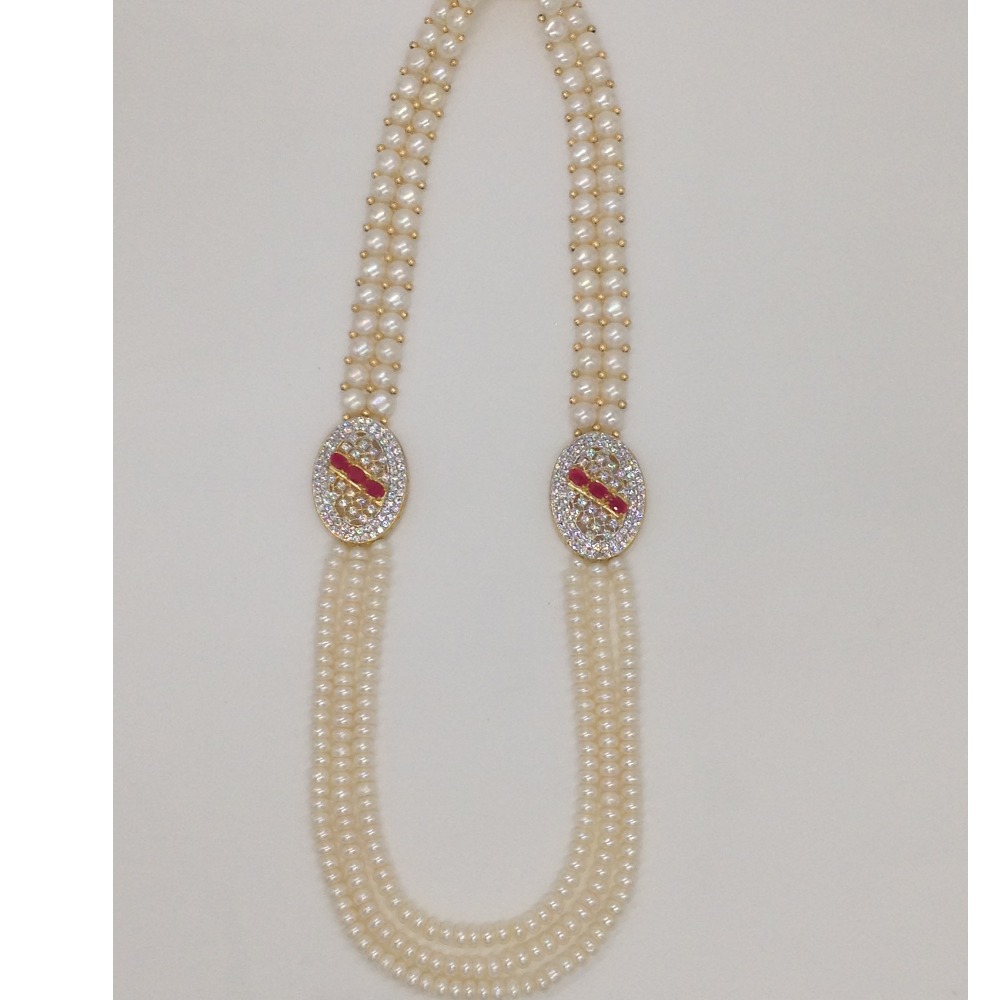 Red And White CZ Broach Set With 2 Line Button Jali And 3 Line Flat Pearls Mala JPS0357