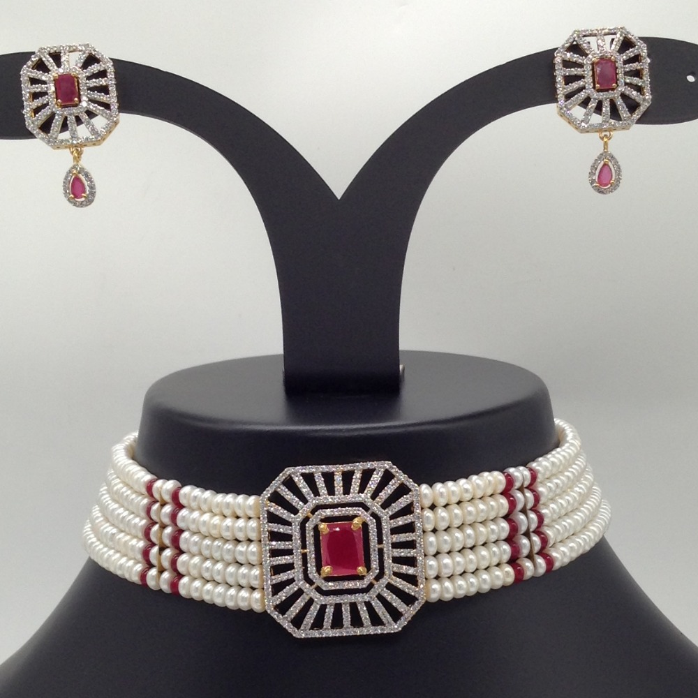White And Red CZ Choker Set With 5 Line Flat Pearls Mala JPS0512