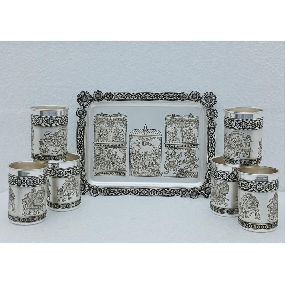 925 Pure Silver Antique Design Glasses And Tray Set