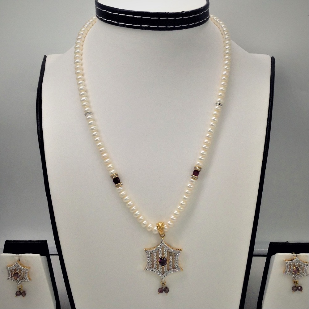 White;purple cz pendent set with flat pearls mala jps0112