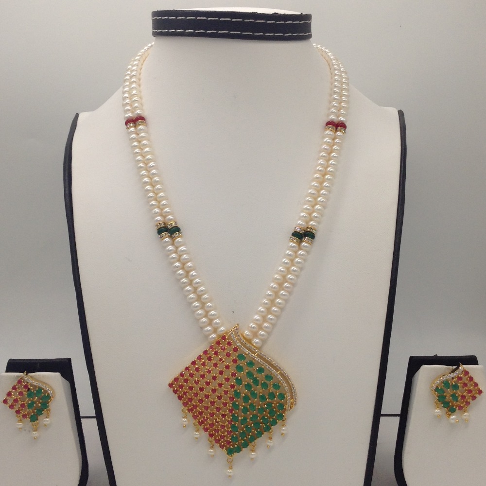 Tri colour cz pendent set with 2 line flat pearls mala jps0419