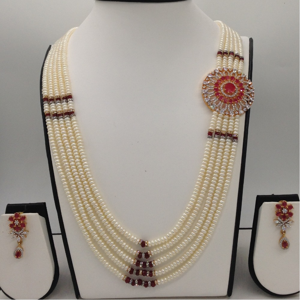 White and red cz brooch set with 5 lines flat pearls mala jps0461