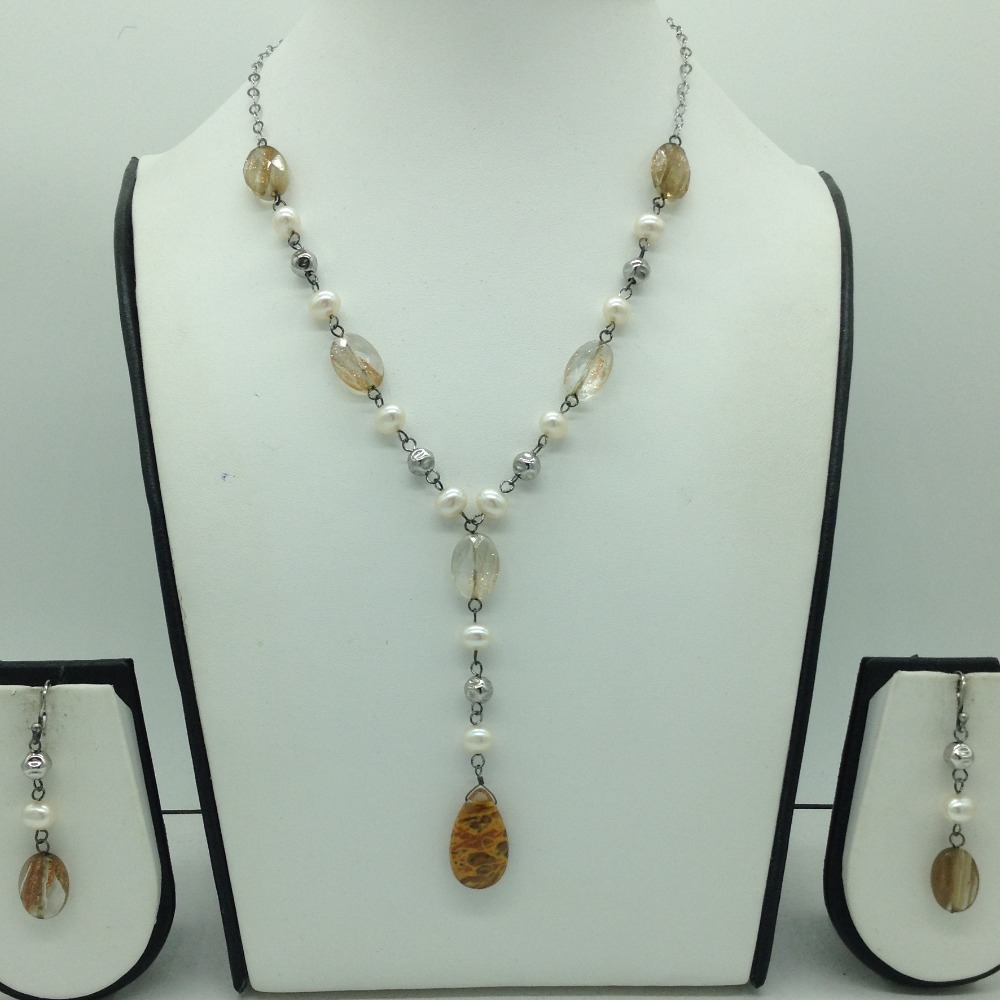 Freshwater white pearls and golden drops silver necklace set jnc0074