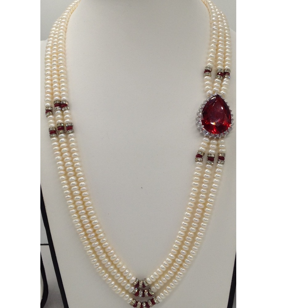 White and red cz broach set with 3 lines flat pearls mala jps0443