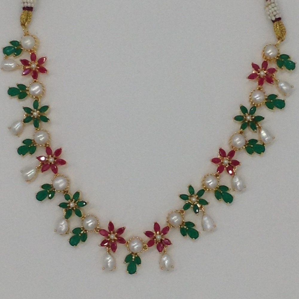 Pearls,Red and Green CZ Stones Marquise Necklace Set JNC0055