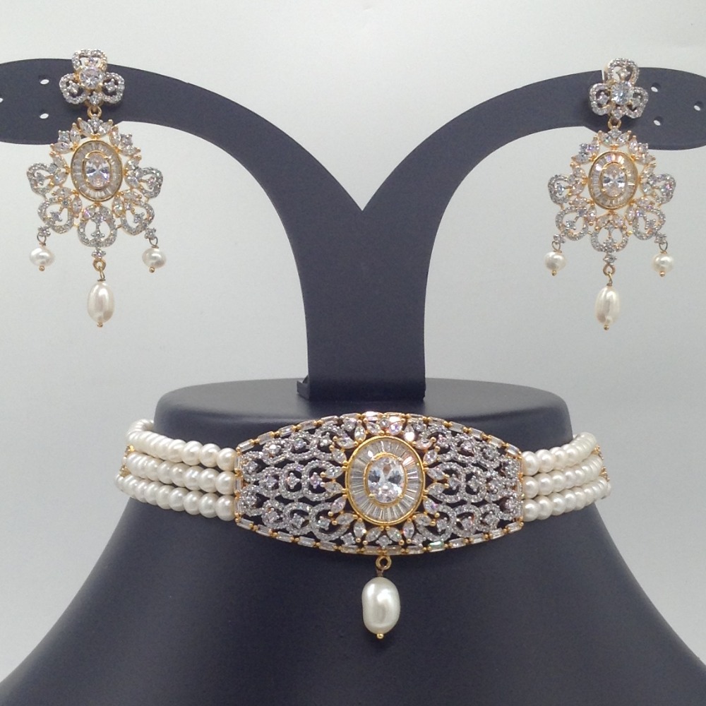 White CZ And Pearls Choker Set With 3 Line Flat Pearls Mala JPS0544