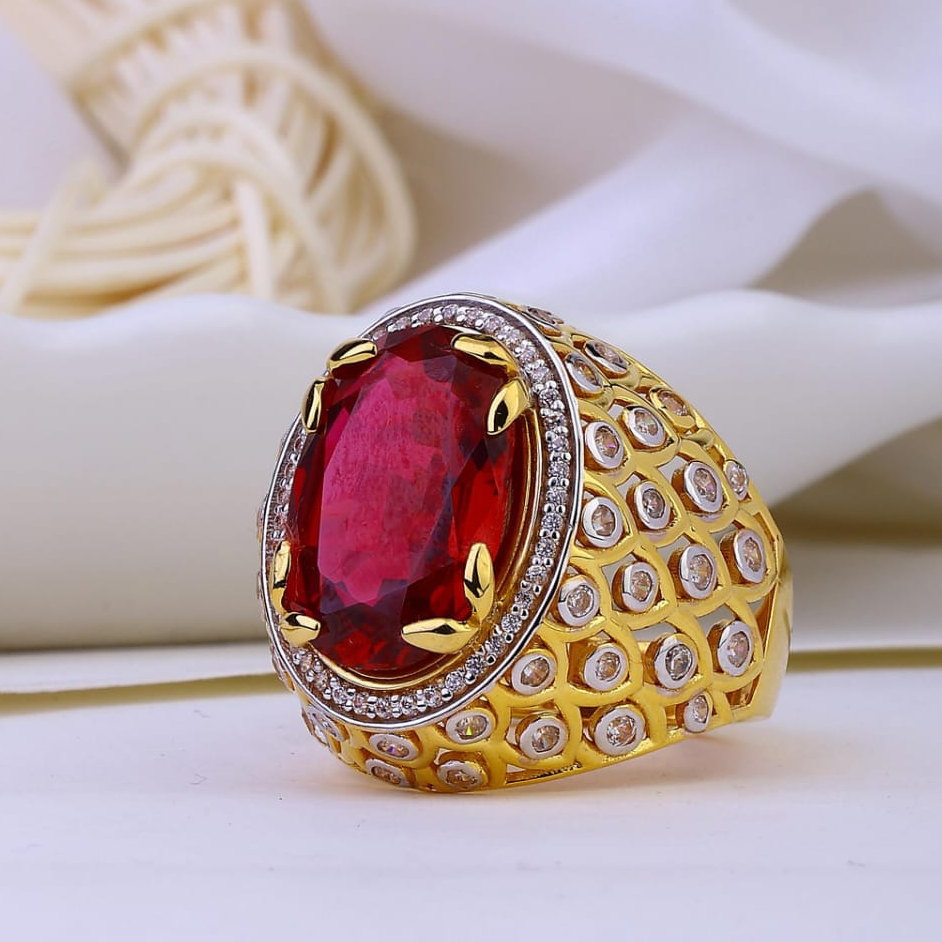 22K Gold Red Colour Stone And Cz Stone Gents Ring