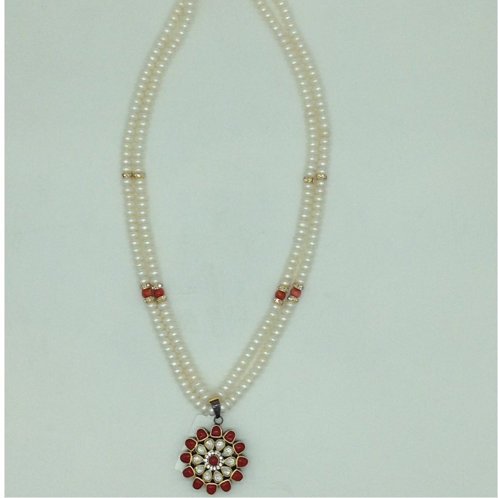 Coral Kundan Pendent Set With 2 Line White Pearls Mala JPS0863