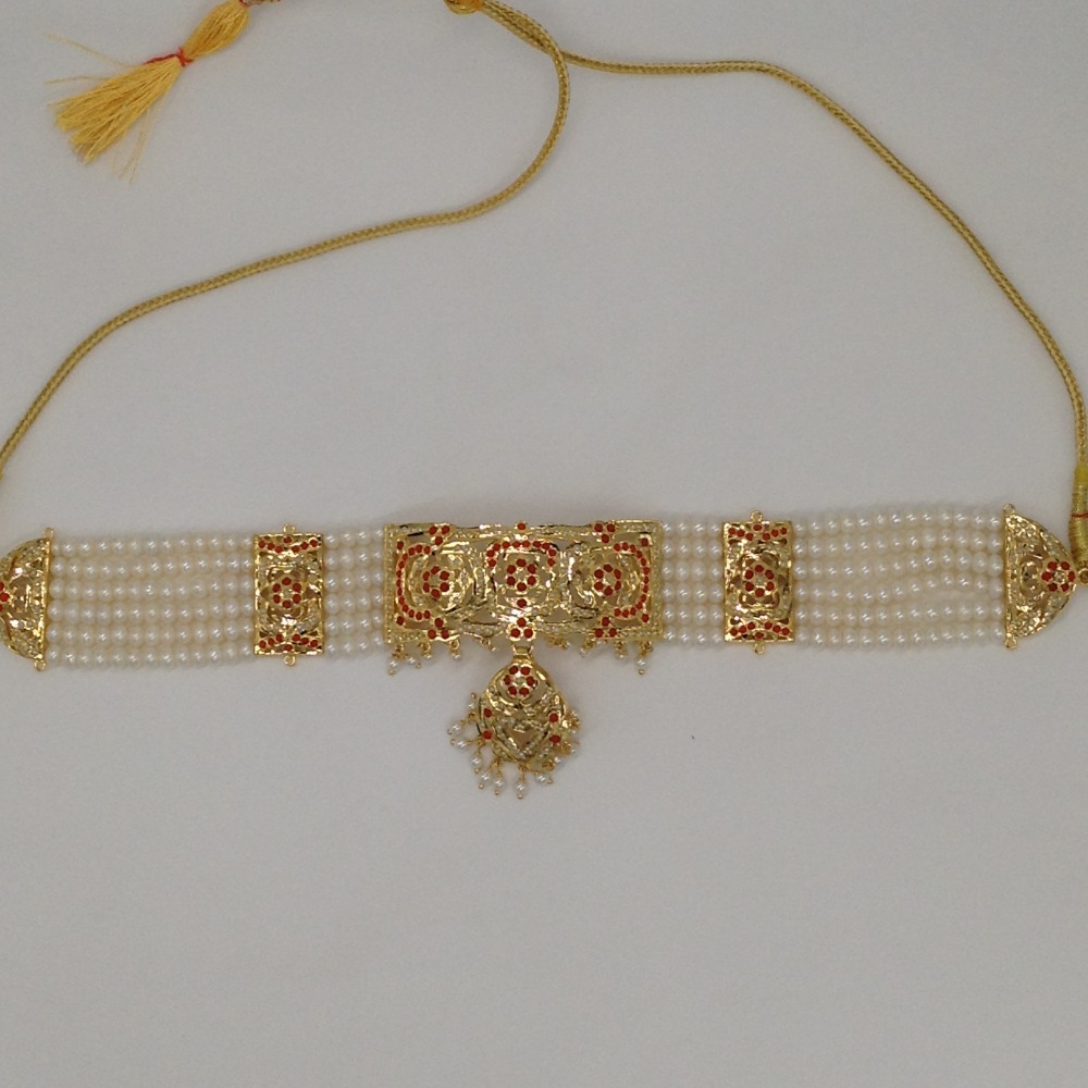 Pearls And Corals Amritsar Choker Set With 6 Line Flat Pearls Mala JPS0523