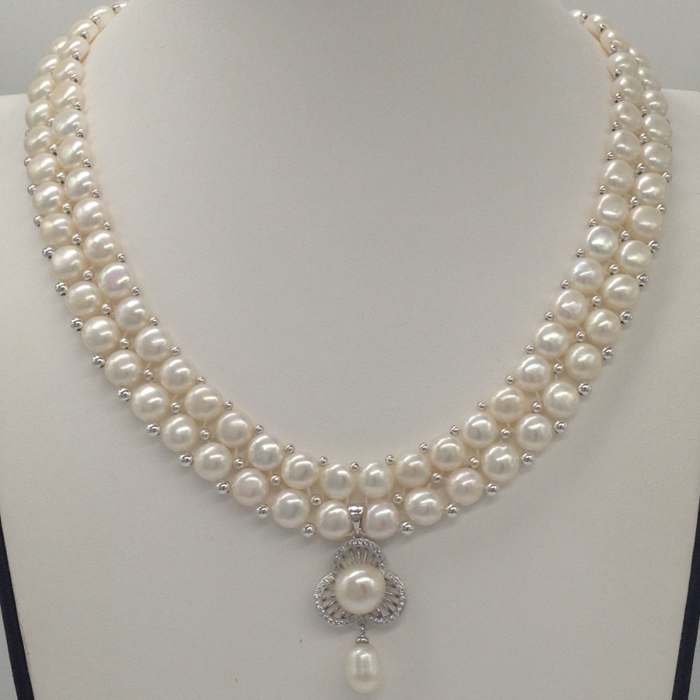 White cz and pearl pendent set with 2 line button mala jps0377