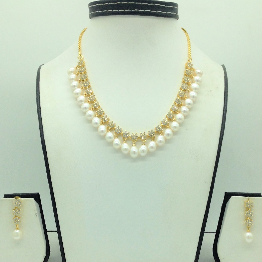 White cz stones and freshwater tear drop pearls necklace set jnc0141