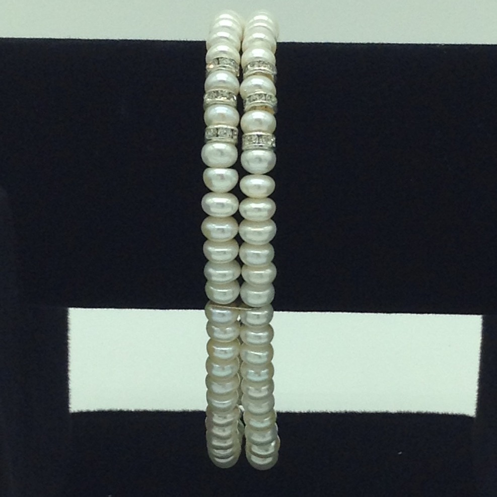 White Flat Pearls And CZ Chakri 2 Layers Bracelet JBG0105