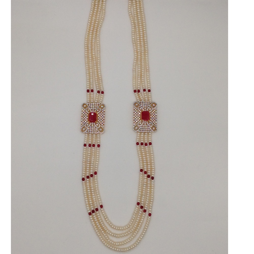 White and red cz brooch set with 4 lines flat pearls mala jps0456