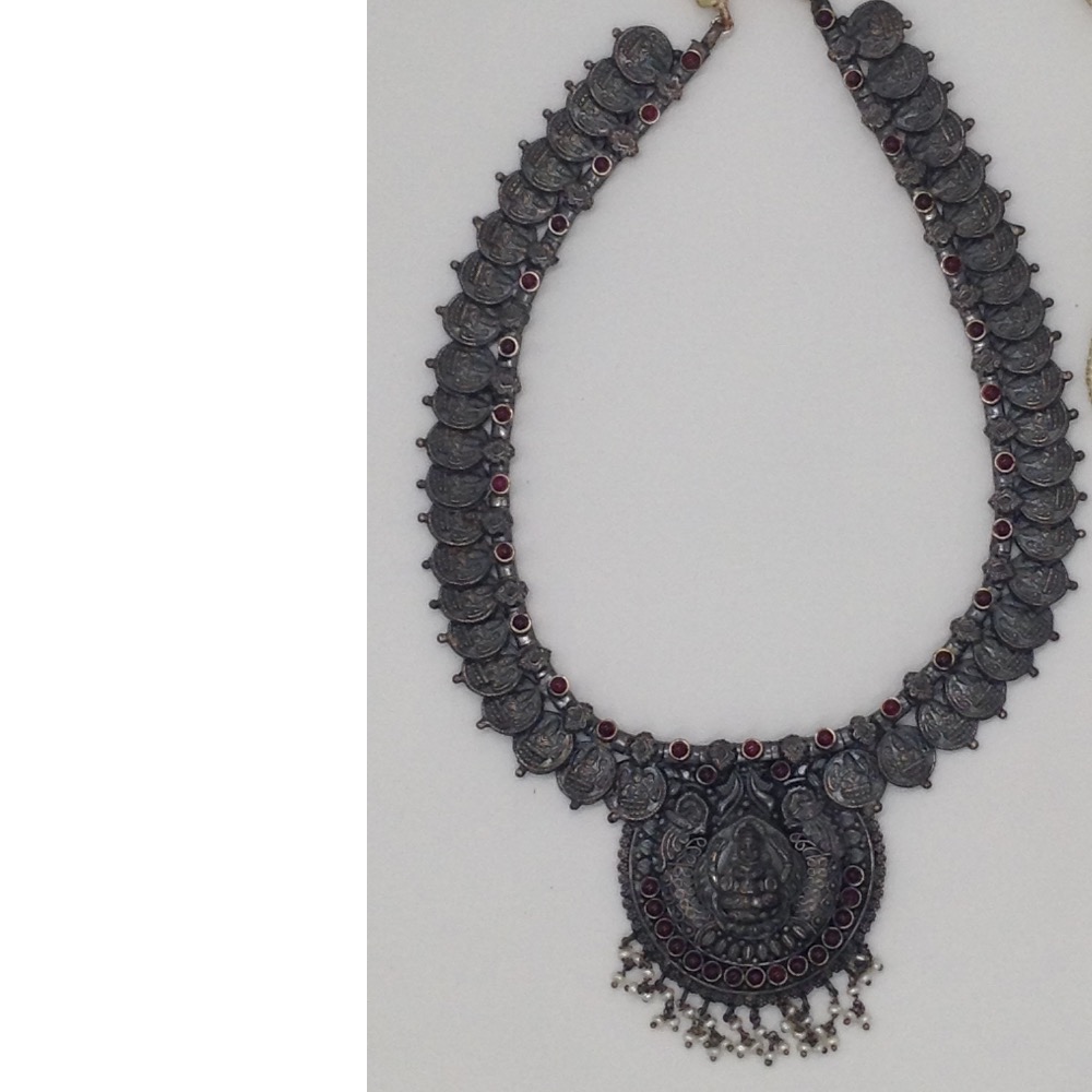 Silver 925 Oxidised Laxmi Necklace Haar with Ruby Stones JNC0020