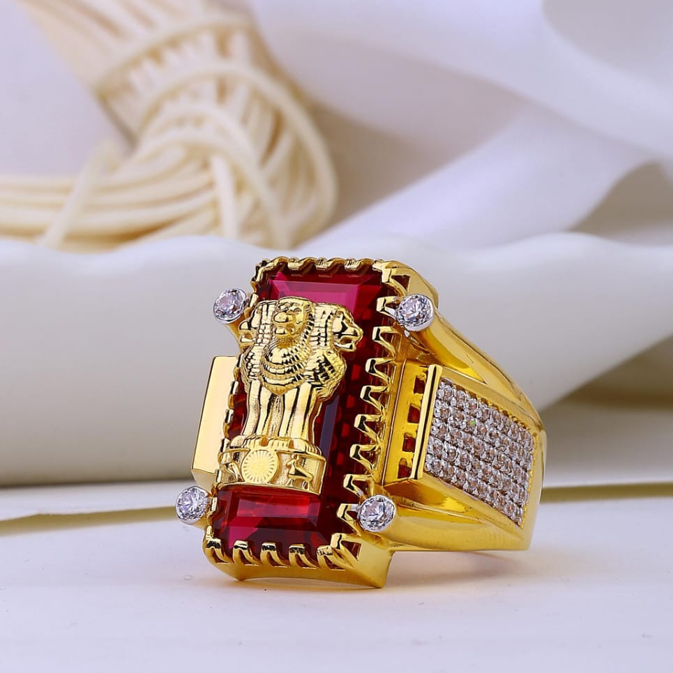 22K Gold Red Colour Stone And Rodium Gents Ring