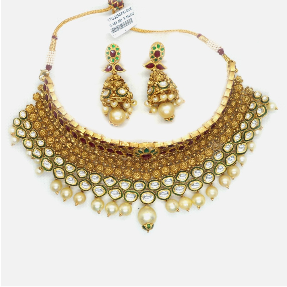 916 Gold Antique Bridal Kundan Necklace Set RHJ-6008