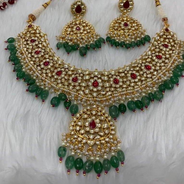 Green and red kundan pearls necklace set