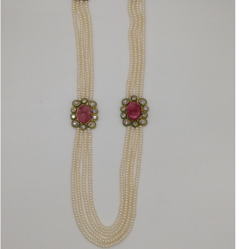 White cz and pink semi precious stone brooch set with 4 lines flat pearls mala jps0460
