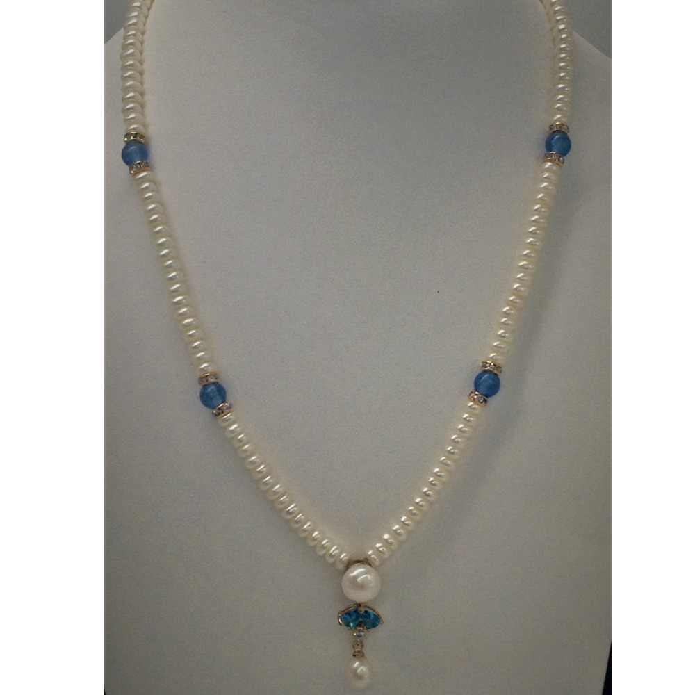 White, sky blue cz and pearls pendent set with flat mala jps0148