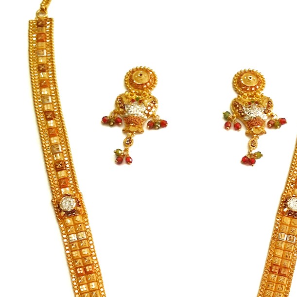 22k Gold CZ Diamond Kalkatti Designer Long Necklace Set MGA - GLS037