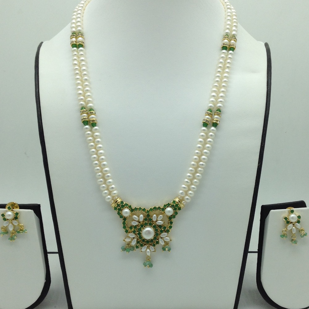 Green Cz Pendent Set With 2 Line Flat Pearls Mala JPS0751