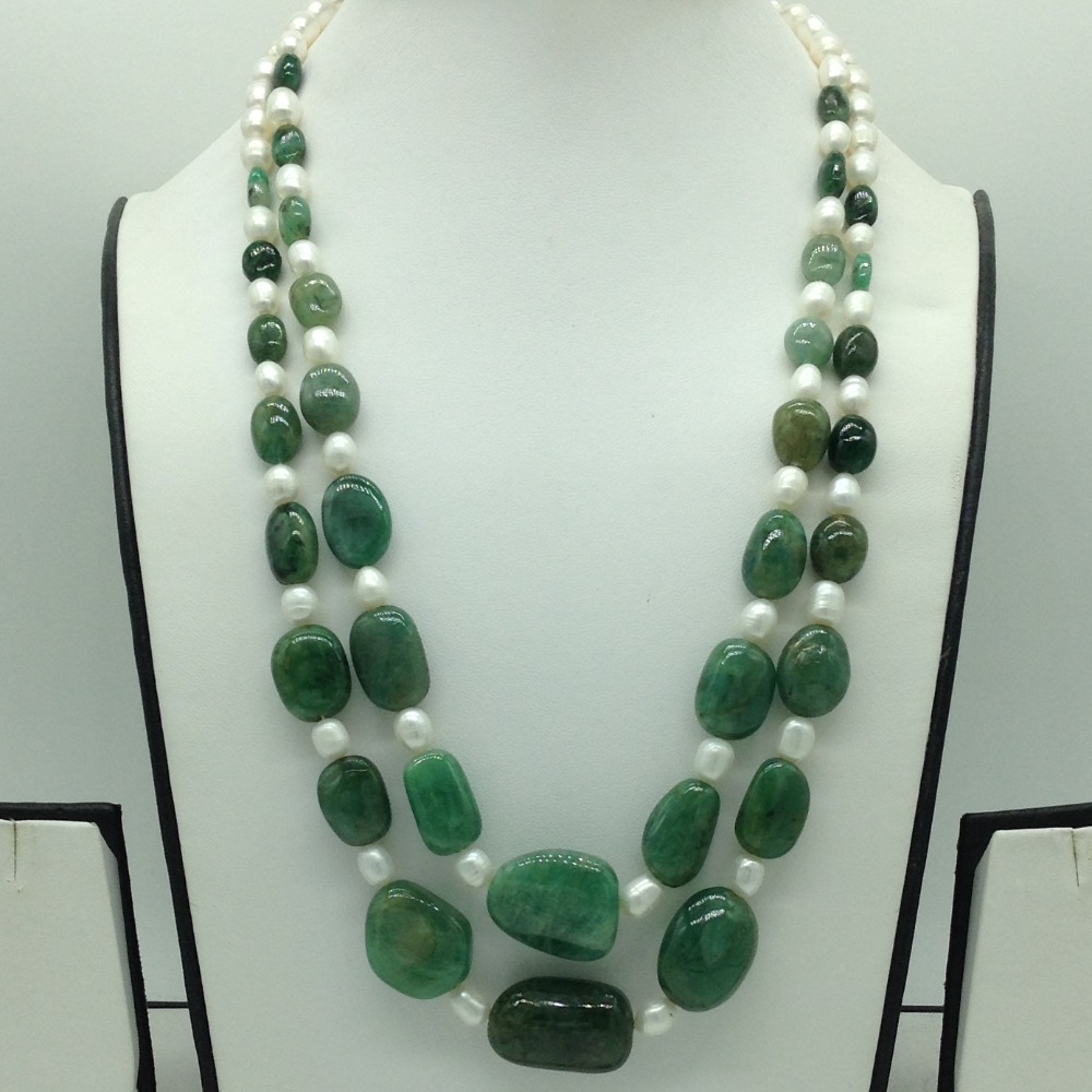 White Pearls with Green Emeralds Oval 2 Layers Neckalce JPM0494
