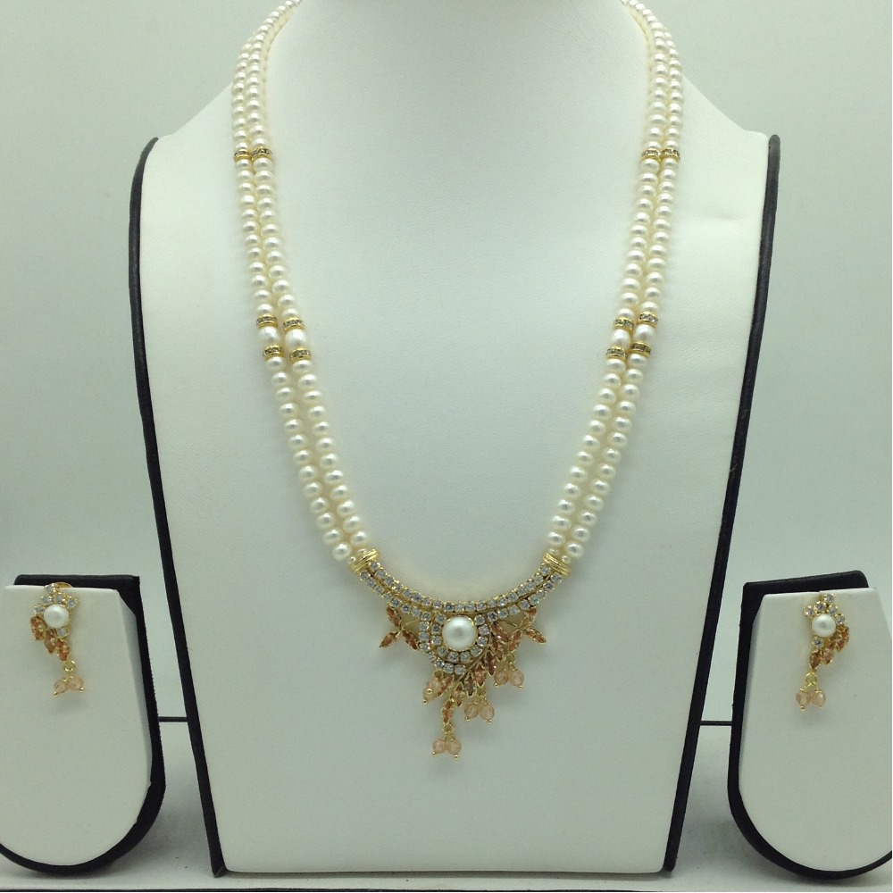 White, Champagne Cz Pendent Set With 2 Line Flat Pearls Mala JPS0749