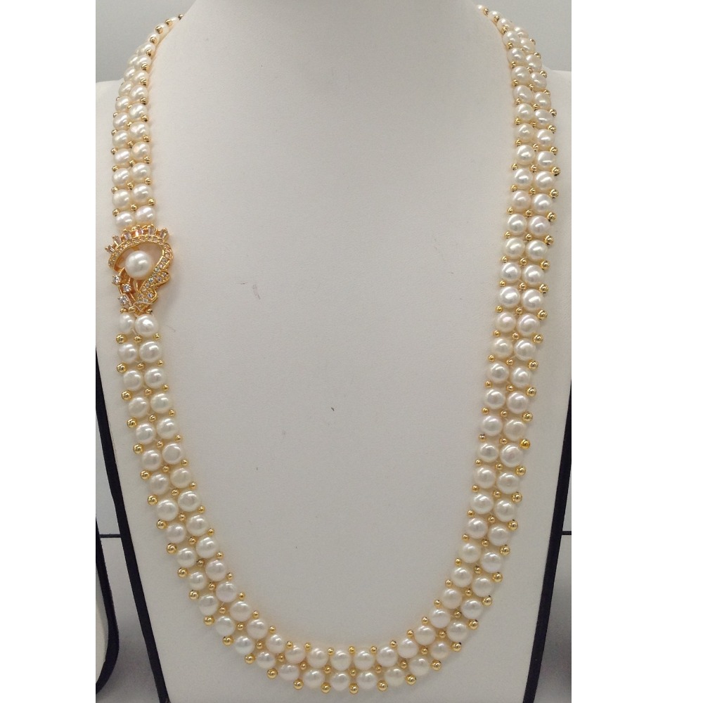 White CZ And Pearl Broach Set With 2 Line Button Jali Pearls Mala JPS0367