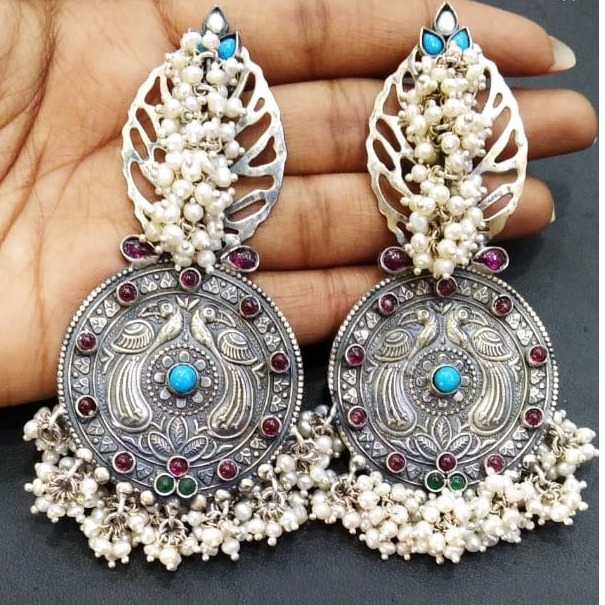 Puran peacock shield boho Jaali dangler earrings with pearly bunch