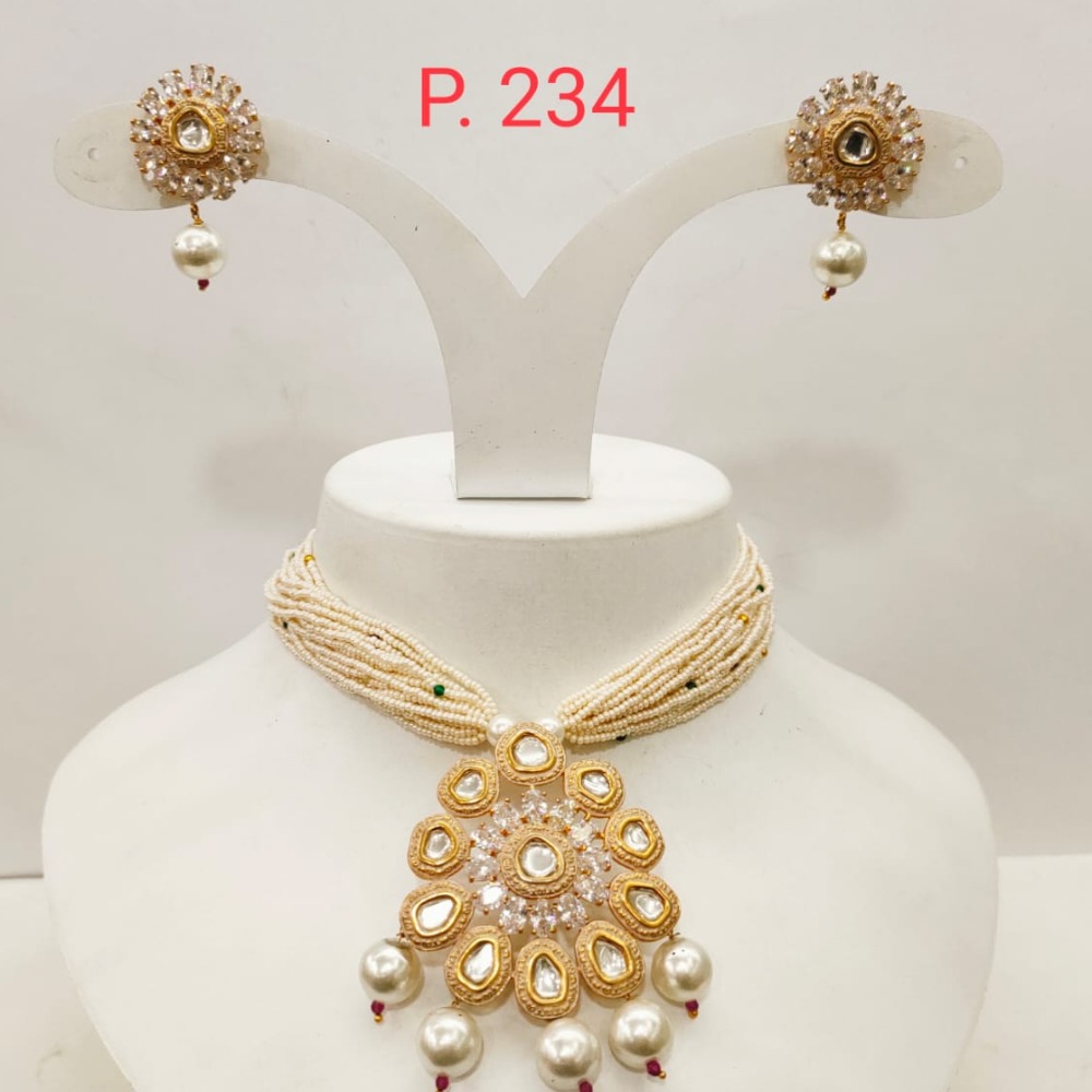 Gold tone stone & Moti string Necklace set with Haging Bead 1419