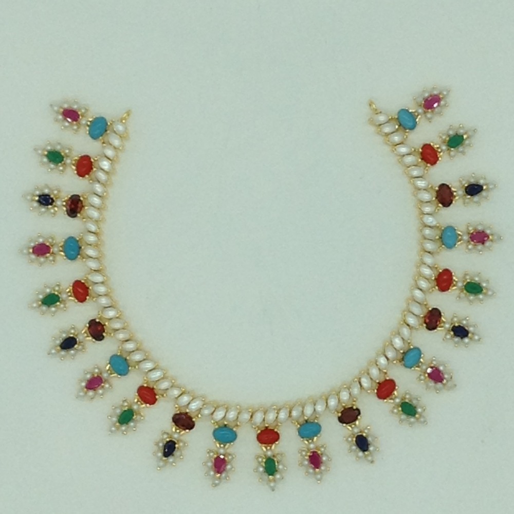 Navratan and white button pearls necklace set jnc0115