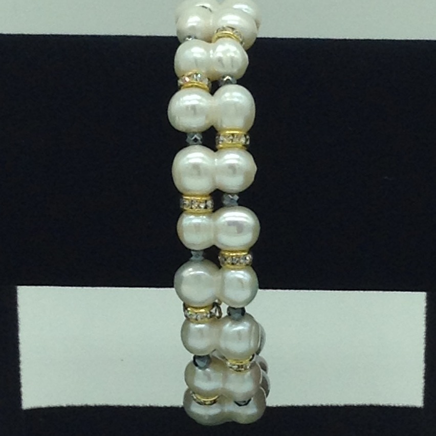White Twin Pearls With Black Crystal And CZ Chakri 2 Layers Bracelet JBG00159