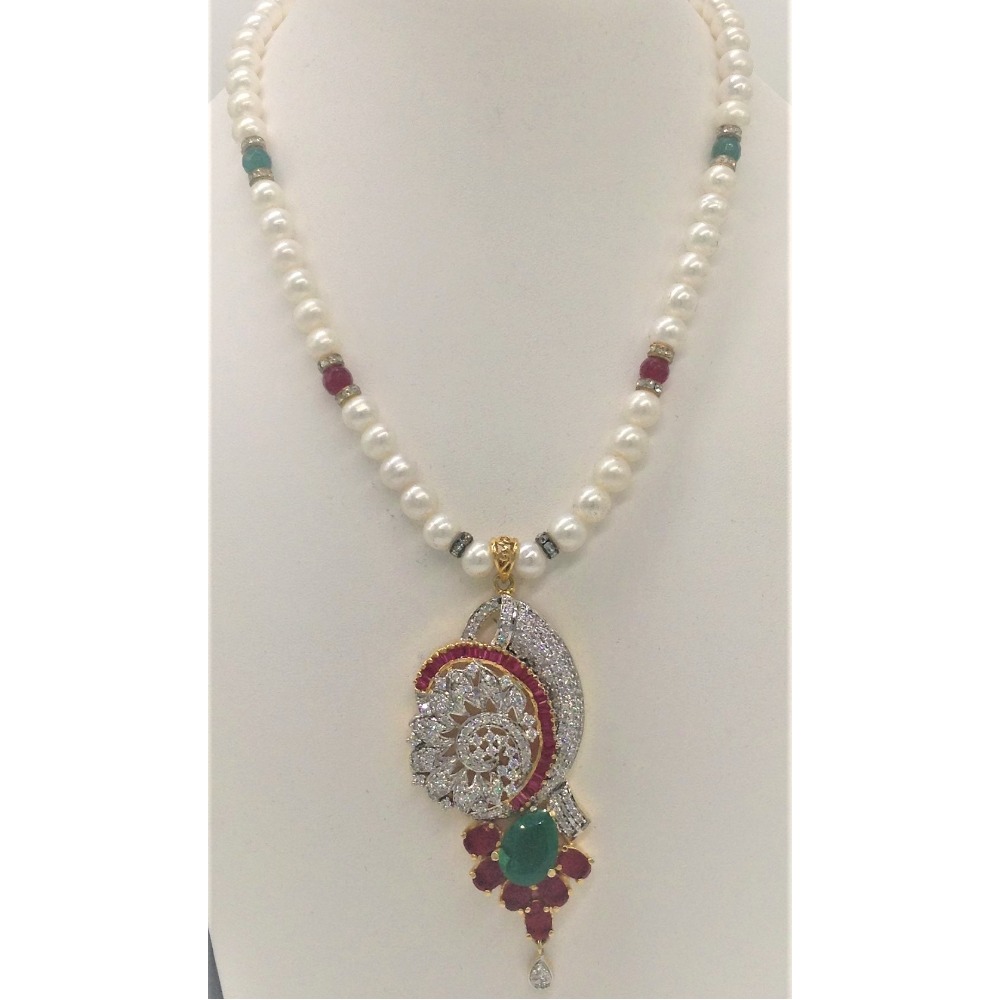 Tri colour cz pendent set with 1 line round pearls mala jps0346