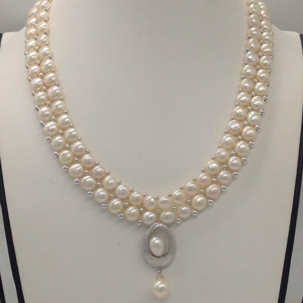 white pearls pendent set with 2 line button pearls mala jps0237