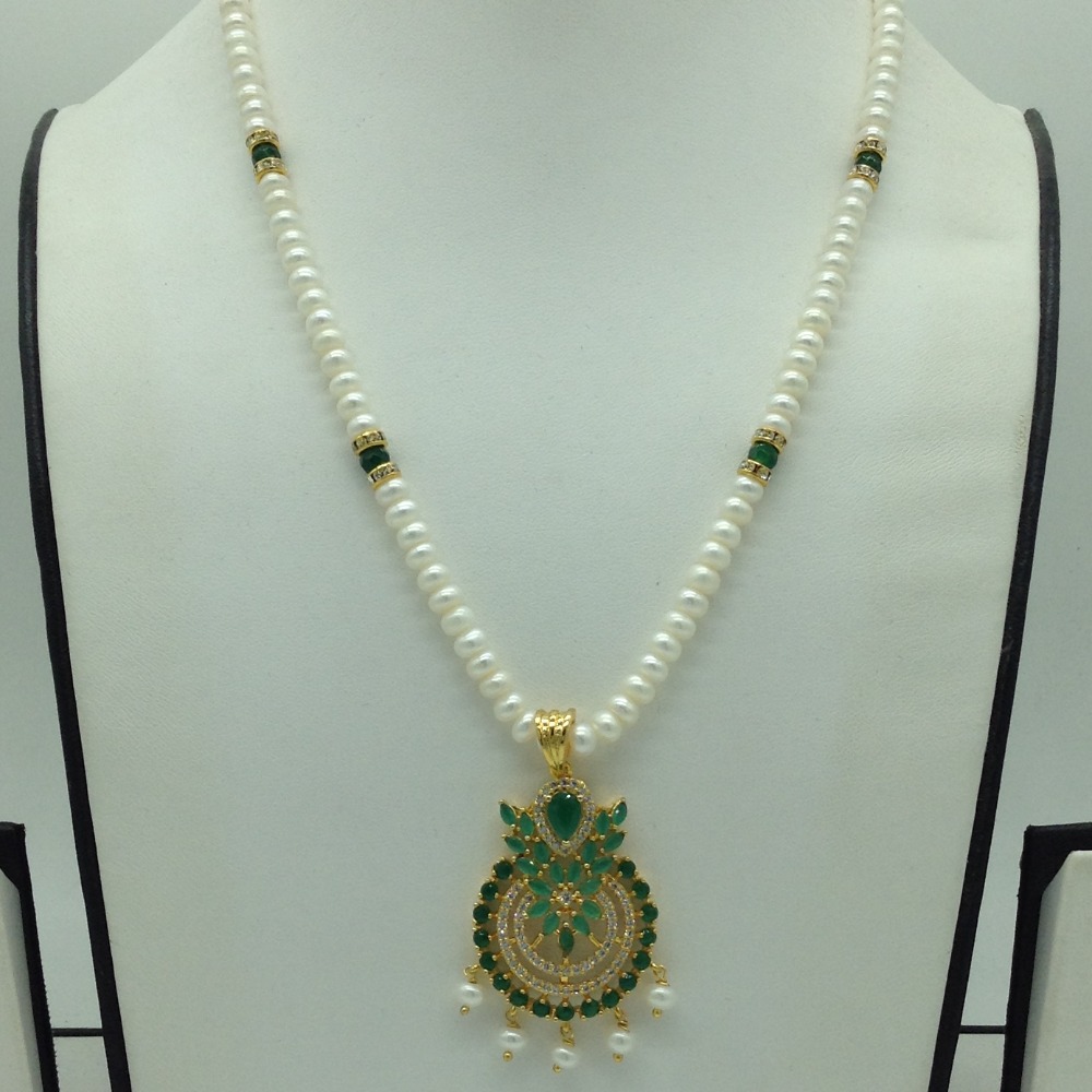White,Green Cz Pendent Set With 1 Line White Pearls Mala JPS0827