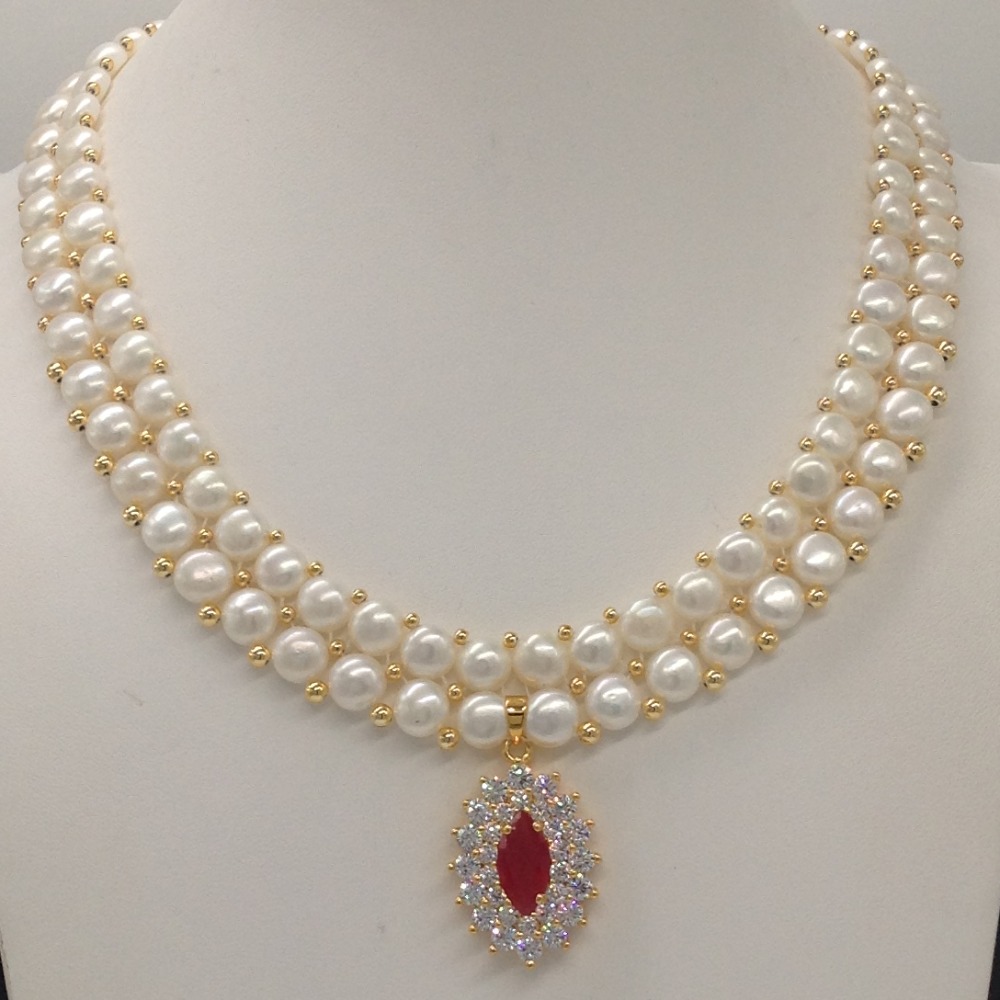 White;red cz pendent set with 2 line button pearls mala jps0262