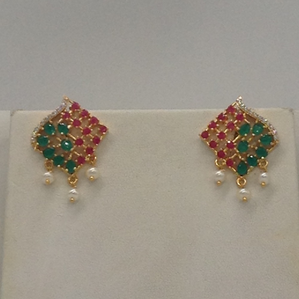 Tri colour cz pendent set with 2 line flat pearls mala jps0419