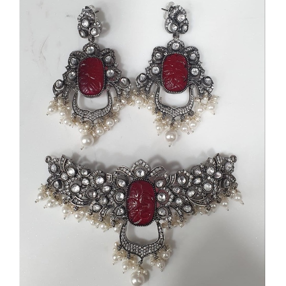 925 pure silver necklace with carved ruby and kundan po-216-06