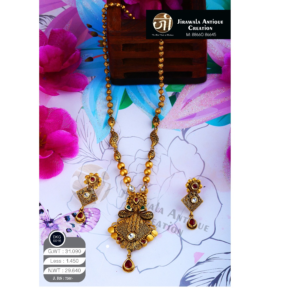 22KT Gold Antique Long Necklace Set DKG-0016