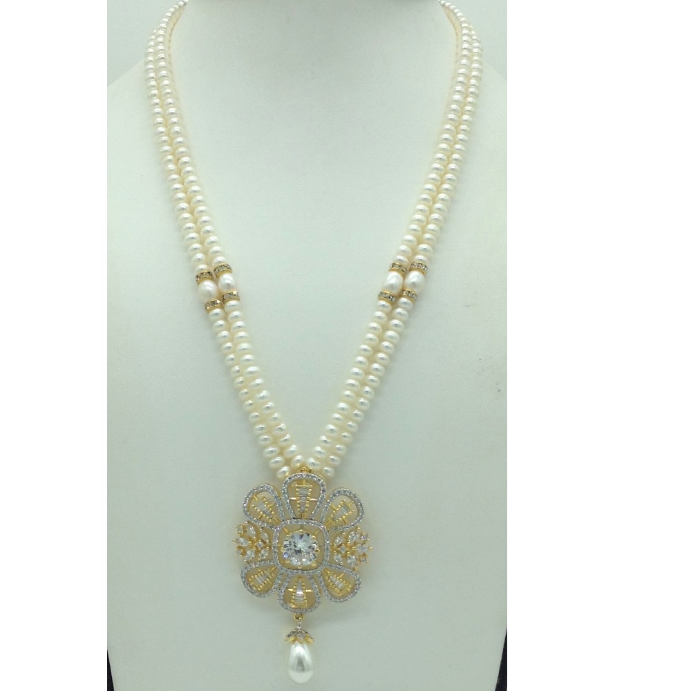 White;golden cz pendent set with 2 line flat pearls jps0703